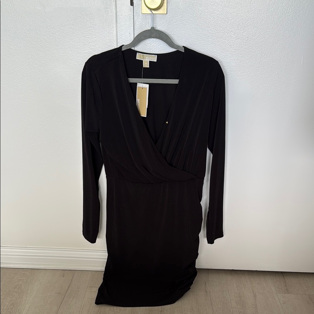 Michael Kors Black Wrap Dress | Ruched Long Sleeve Bodycon NWT M